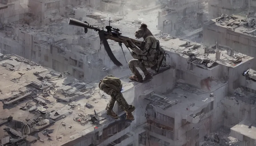 Prompt: sniper monkey on the roof of a building during iraq war, hyperdetailed, artstation, cgsociety, 8 k