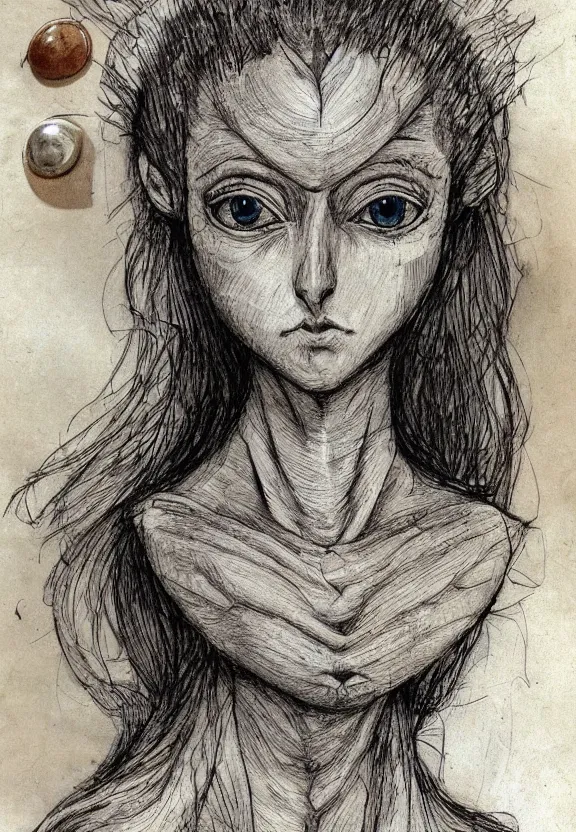 Prompt: fantasy, symmetrical beautiful human face, female humanoid creature, vascularity, plant armour, intricate shell head piece, large forehead, button nose, full lips, muscular, large cute anime eyes, stylised, torso and head, bust, diagram, sketchbook, greys anatomy book, sketches, on old distressed parchment paper, watercolour, by brian froud