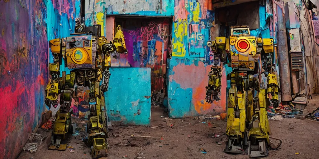 Prompt: colourful - damaged - giant mecha ROBOT of neon lit AJEGUNLE SLUMS of Lagos, markings on robot, Golden Hour,