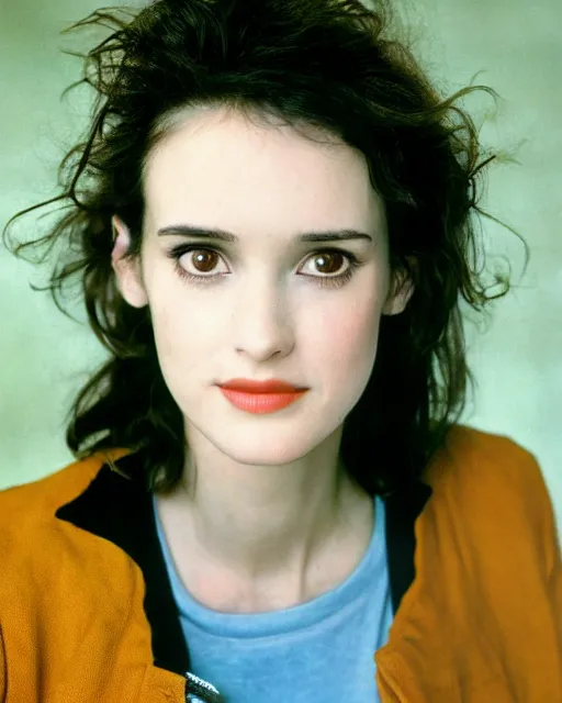 Image similar to headshot of young winona ryder, wearing a black bleather jacket, tom waits t - shirt and blue jeans with a belt, photoshoot in the style of annie leibovitz, soft focus, bokeh