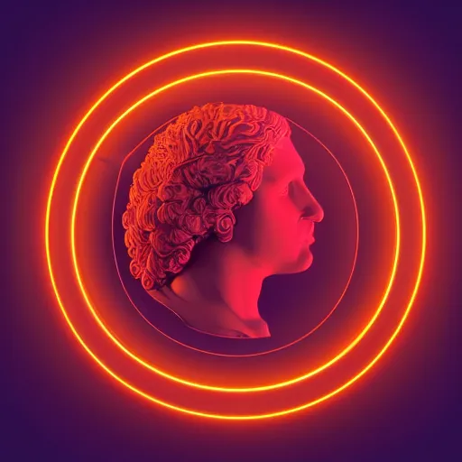 Prompt: a neon circle surrounding the head of a renaissance statue, 3 d render, black background, ray tracing, 8 k resolution, sharp focus, hyper detailed, hyper realistic