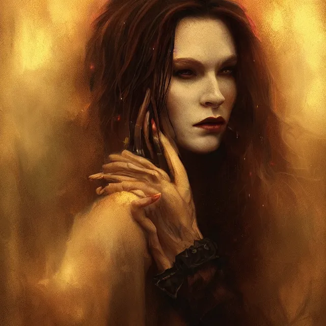 Image similar to majestic gracious regal female vampire portrait, atmospheric lighting, painted, menacing, intricate, volumetric lighting, beautiful, rich deep colours masterpiece, golden hour, sharp focus, ultra detailed, by leesha hannigan, ross tran, thierry doizon, kai carpenter, ignacio fernandez rios