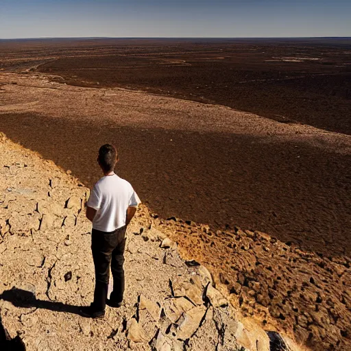 Image similar to A man stands at the edge of a cliff, looking out over a vast and empty desert, the sun beating down on him mercilessly, as he contemplates the long and arduous journey ahead.