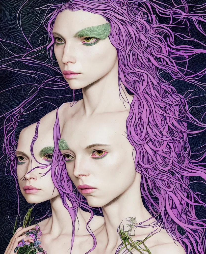 Image similar to 1 figure, the non-binary deity of Spring, resembling a mix of Grimes, Aurora Aksnes, and Zoë Kravitz, in a style blend of Botticelli, Möbius and Æon Flux, stunningly detailed artwork, hyper photorealistic 4K, stunning gradient colors, very fine inking lines