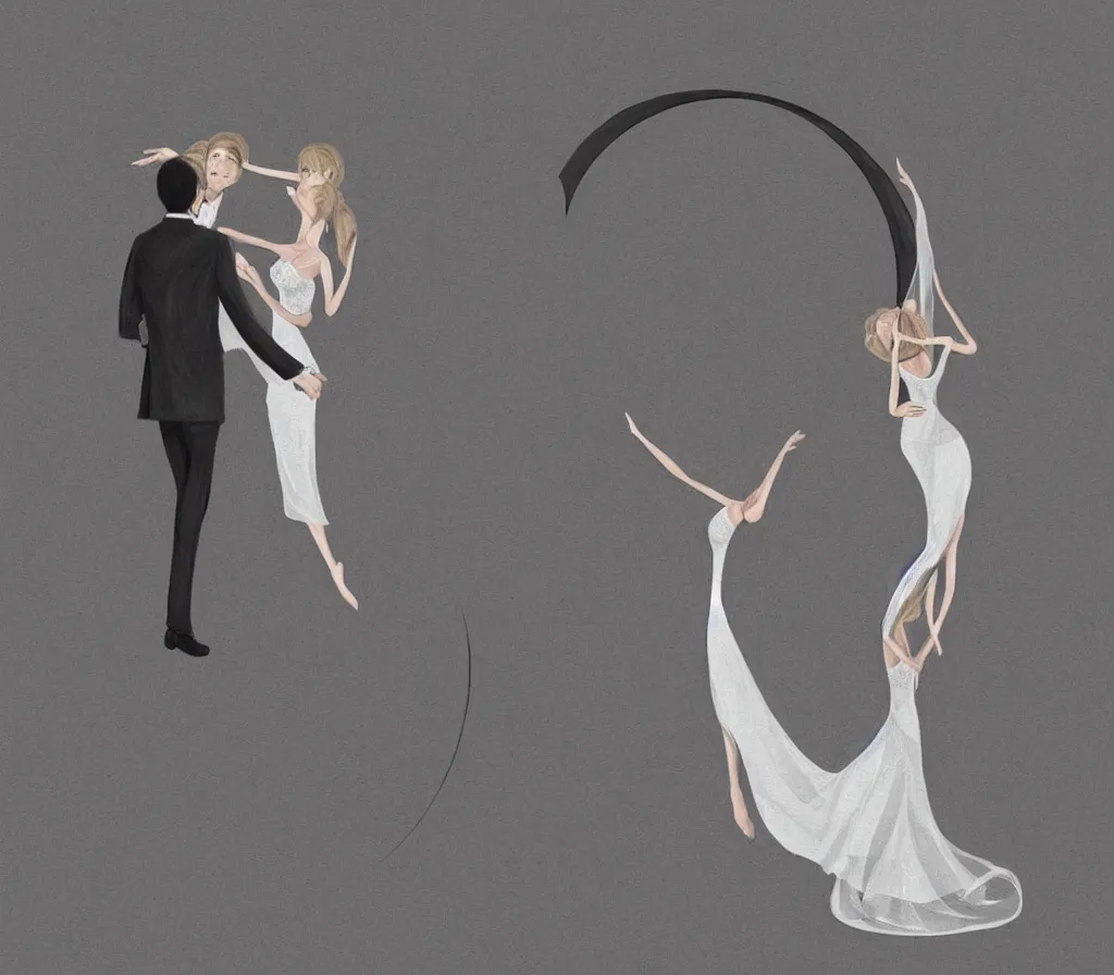 Image similar to detailed, anatomical, digital art drawing of a couple dancing on a crescent moon during their wedding ceremony, soft lighting, neutral colours, lots of details