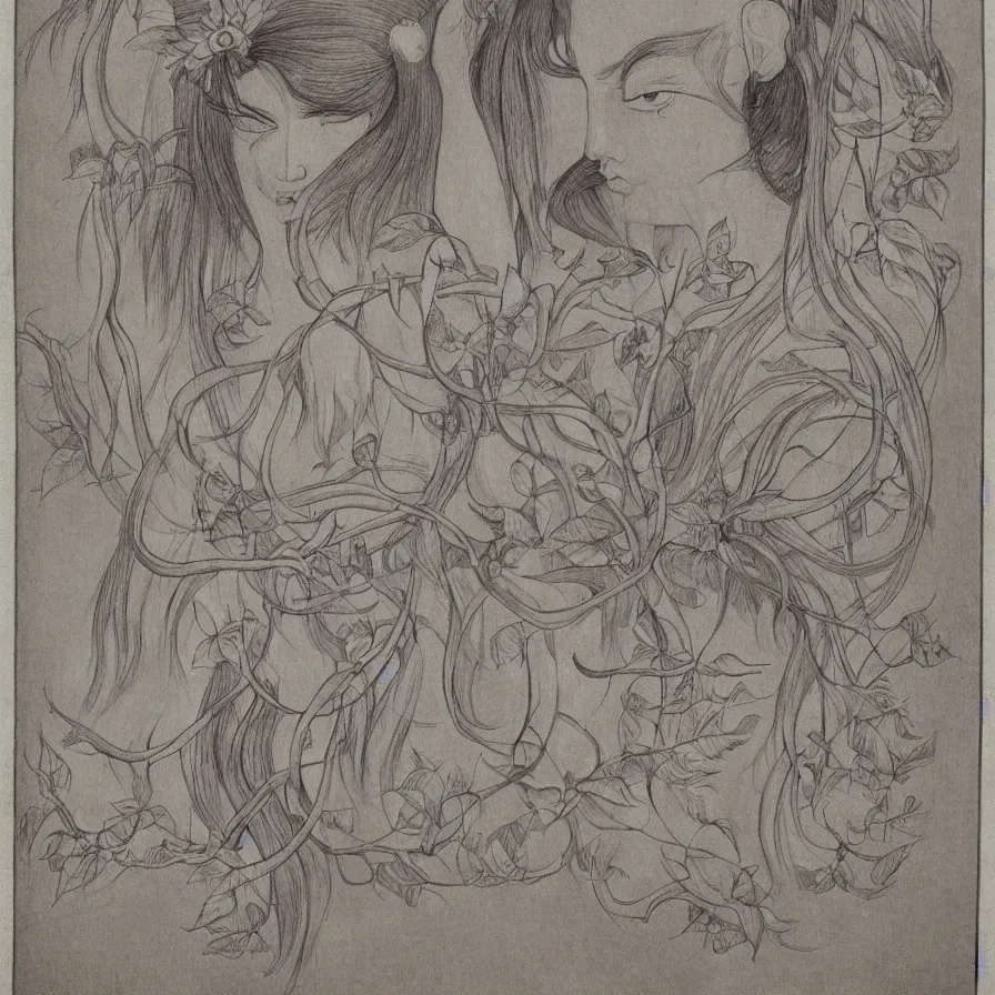 Image similar to east-asian female sunflower deity gray face pointy ears long beard with vines as hair hibiscus flowers detailed drawing