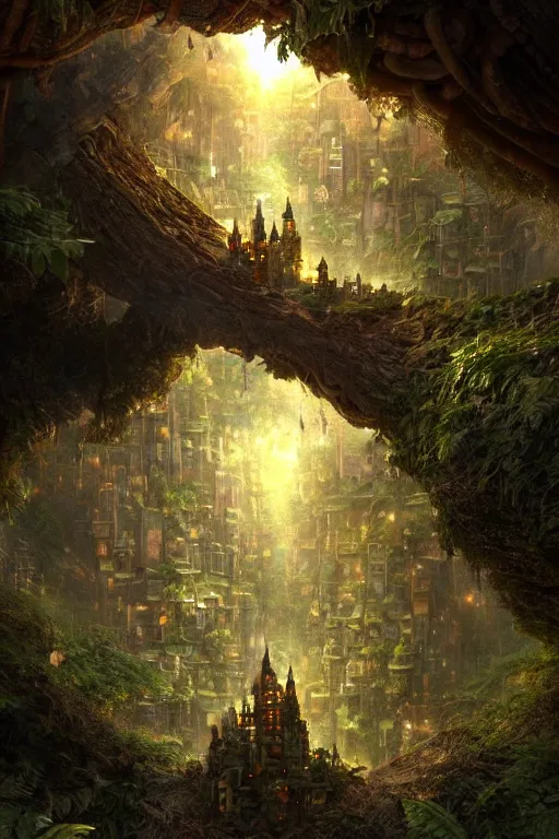 Image similar to a miniature city built into the trunk of a single colossal tree in the forest, with tiny people, in the style of craig mullins, lit windows, close - up, low angle, wide angle, awe - inspiring, highly detailed digital art