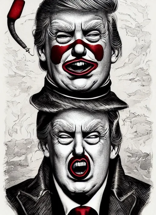 Prompt: donald trump sad clown, grotesque, horror, high details, intricate details, by vincent di fate, artgerm julie bell beeple, 80s, inking, vintage 80s print, screen print