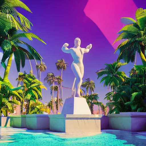 Image similar to a broken statue in a surreal underground white tiled swimming pool surrounded by neon lights and palm trees in vapor wave style, 3D octane render, hyperrealistic, dramatic lighting, unreal engine, houdini, 8k, 4k, raytracing