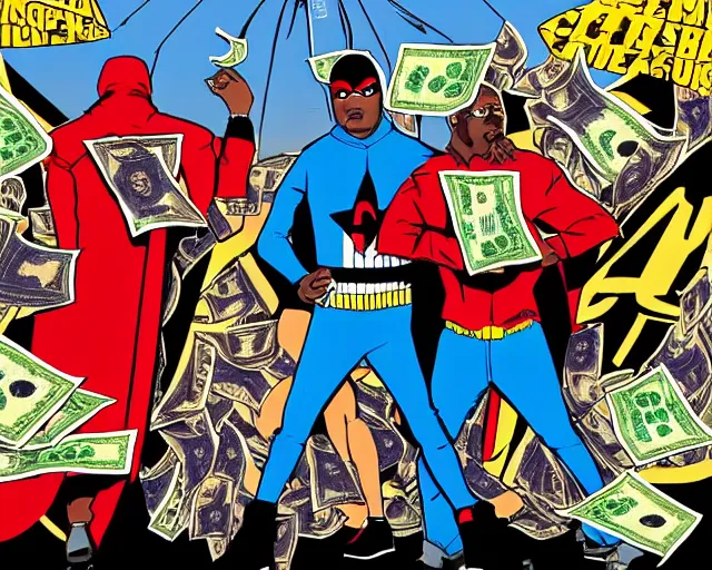 Prompt: rappers in superhero costumes looking at the sky. a swarm of money in the city. people running for their lives. terrorist attack. it's raining money. game show. ecstacy