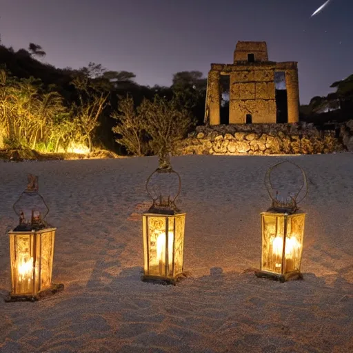 Prompt: A group of armoured Spanish conquistadors holding lanterns on a sandy beach Cove in middle of a magical forest in a dark night. Inca ruins in the background. Pale crescent moon in the sky. Award winning photography