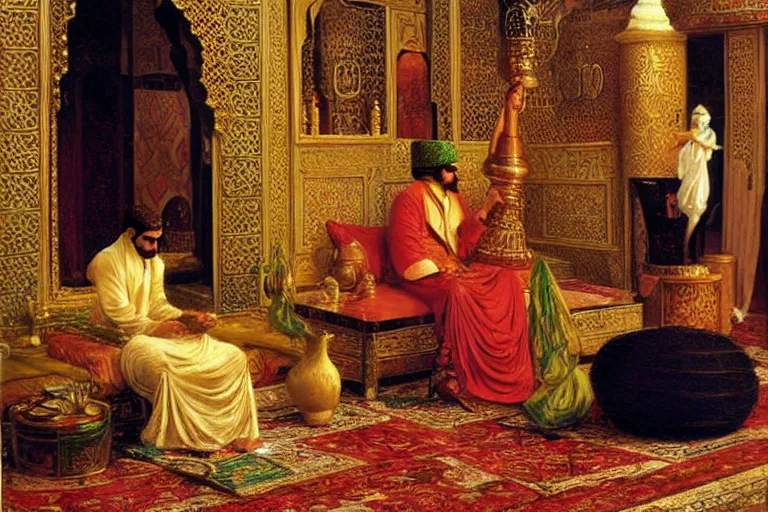 Image similar to The Persian Genie Destroys his Magic Lamp in an Opulent Turkish Salon, art by Paul Cadmus and Osman Hamdy Bey and Jean-Léon Gérôme