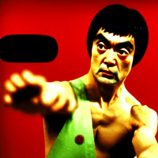 Prompt: mr. bean as bruce lee. movie still. cinematic lighting.