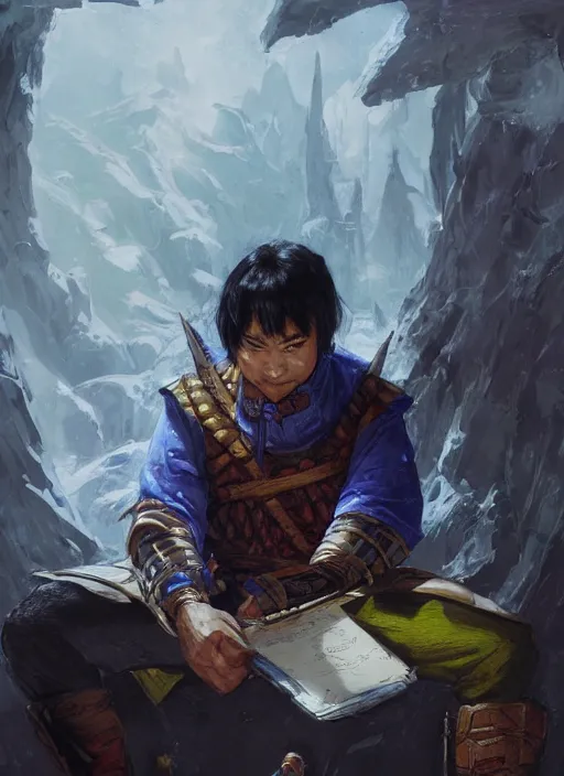 Prompt: asian with medium black hair man sitting at his desk looking down at belly, low angle, camera low, dndbeyond, bright, colourful, realistic, dnd character portrait, full body, pathfinder, pinterest, art by ralph horsley, dnd, rpg, lotr game design fanart by concept art, behance hd, artstation, deviantart, hdr render in unreal engine 5