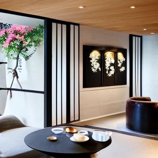 Image similar to lounge and dining room, stone, interior design, stylish luxury hotel living room design, yakisugi, black vertical slatted timber, textures, feminine, black walls, art, Japanese pottery vase with flowers, kakejiku, seasonal, Japanese influences