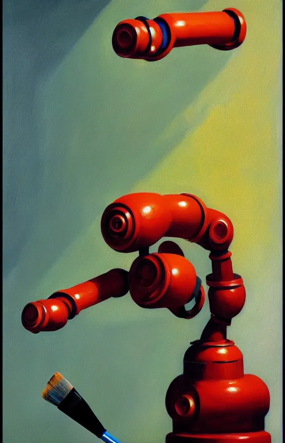 Image similar to beautiful illustration of a robotic arm painting with a paintbrush on a canvas by Edward Hopper, clean lines, very detailed, colorful octane render