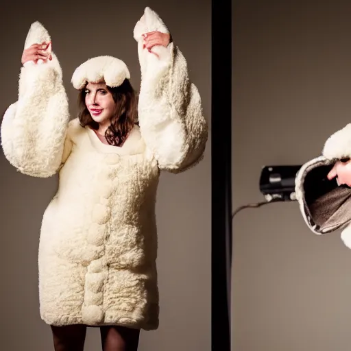 Prompt: portrait, woman in a sheep costume, on a theatre stage, stage lighting, editorial photography, 5 0 mm f / 1. 4