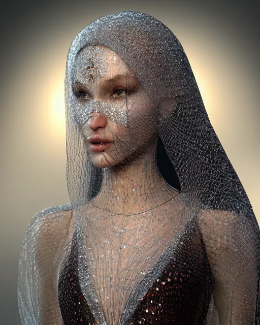 Image similar to a highly detailed metahuman 8 k close up render of bella hadid with a veil all over her face renaissance in iris van herpen dress schiaparelli in diamonds crystals swarovski and jewelry iridescent in style of alphonse mucha trending on artstation made in unreal engine 4