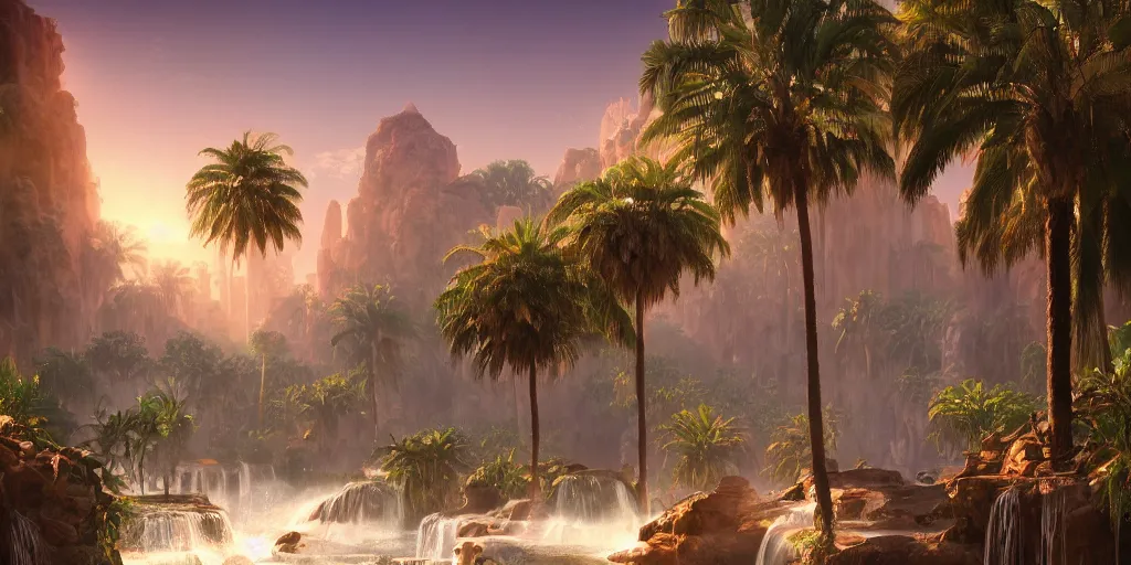 Prompt: beautiful oasis waterfalls surrounded by palm trees moroccan tile archways, date trees, ivory towers sunset peter morbacher ross tran angelarium greg rutkowski alchemy luxury heavenly light soft illumination, trending on artstation cinematic lighting digital painting octane render, artgerm