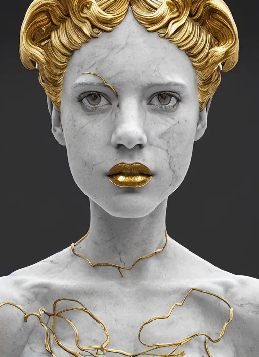 Image similar to a statue made of white marble with gold veins, of an beautiful gorgeous angel girl, full body shot, perfect symmetrical body, perfect symmetrical face, no eyes, hyper realistic, hyper detailed, fujicolor superia 1 6 0 0 photo, by johannen voss, by peter kemp, by monia merlo, by michelangelo octane render, blender, 8 k