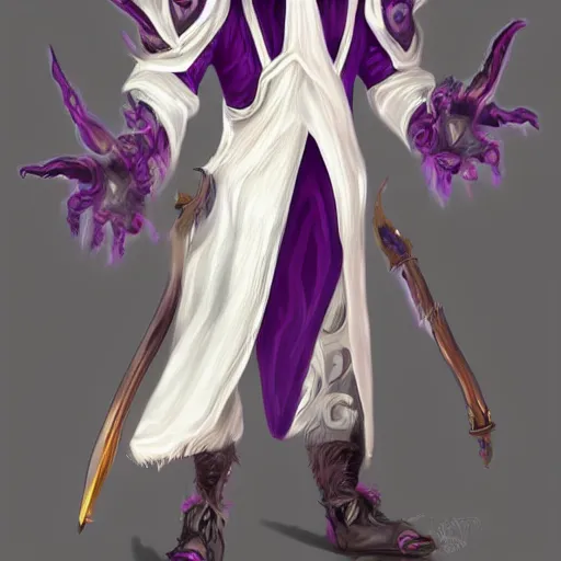 Prompt: white horns demon fit warlock with , young, purple cloak , still, digital painting, trending on artstation, masterpiece, in the style of JB Casacop