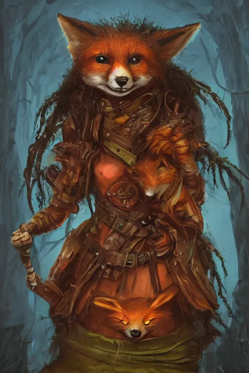 Image similar to cute little anthropomorphic foxy witch wearing a cape and a dreadlocks, tiny, small, miniature fox, baby animal, short, pale woodcut armor, cute and adorable, pretty, beautiful, DnD character art portrait, matte fantasy painting, DeviantArt Artstation, by Jason Felix by Steve Argyle by Tyler Jacobson by Peter Mohrbacher, cinematic lighting