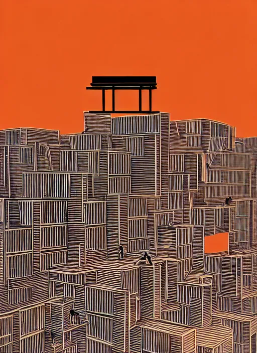 Image similar to (((habitat 67 city on fire lone man in chair))), Mads Berg, Karolis Strautniekas, James Yang, Brutalism, Constructivist, film noir, stippled light, dramatic lighting,editorial illustration, detailed, matte print, dark orange black white red