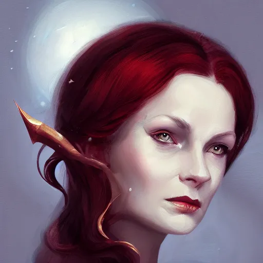 Prompt: a detailed matte head - on portrait painting of an middle - aged tiefling elegant and distinguished noblewoman with golden eyes and short long flowing red hair, by charlie bowater, lise deharme, wlop, tending on arstation, dungeons and dragon, dnd, pathfinder, fanart, oil on canvas