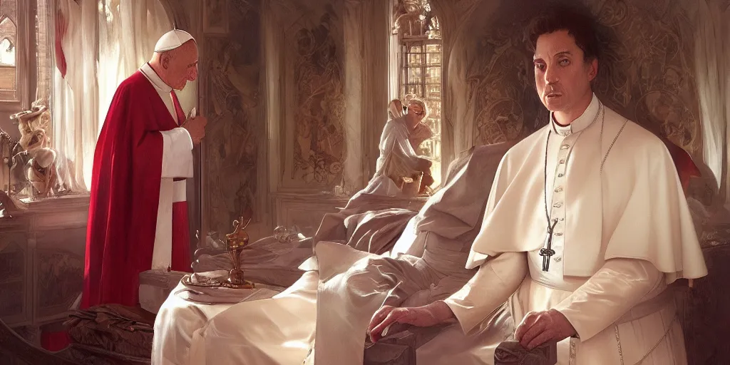 Image similar to photography of a pope making touching a sensual woman in a bedroom, deep focus, intricate, elegant, highly detailed, digital painting, artstation, concept art, matte, sharp focus, illustration, art by artgerm and greg rutkowski and alphonse mucha