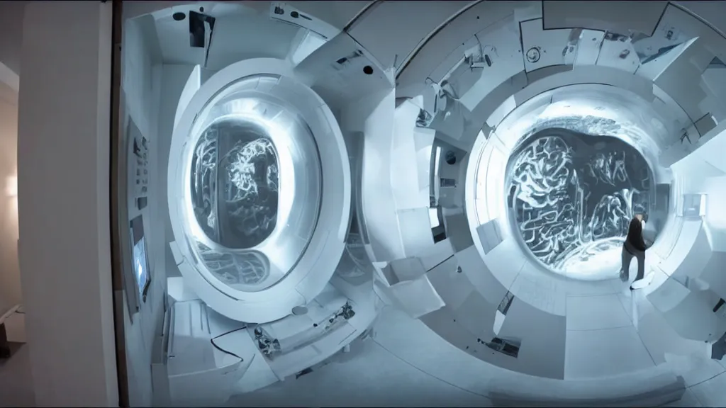 Image similar to an mri image open mri machine portal in the living room, film still from the movie directed by denis villeneuve with art direction by salvador dali, wide lens