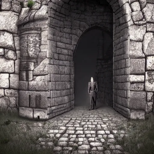 Prompt: man standing at the entranceway to dracula's castle, stone walls, large wooden door, gothic horror, victorian, photorealistic, hyperdetailed, matte painting, concept art