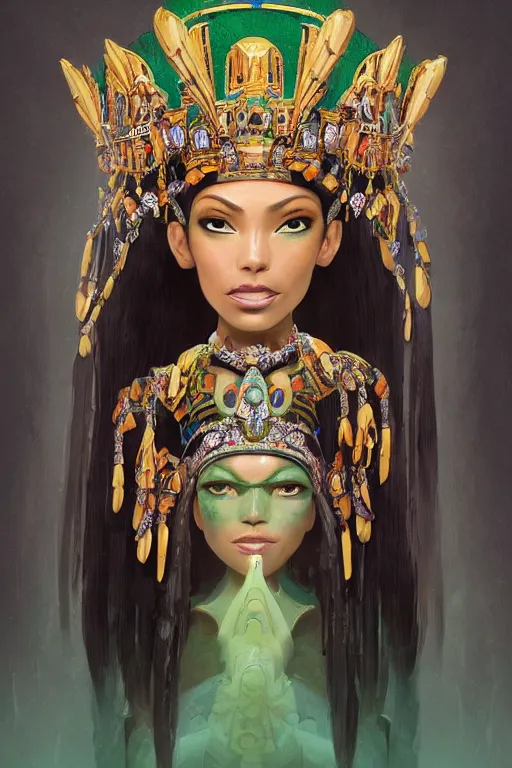 Prompt: a professionally painted portrait of a mayan queen , clothed in jade jewelry , olive skin, long dark hair, beautiful bone structure, symmetrical facial features, intricate, elegant, digital painting, trending on Artstation, concept art, smooth, sharp focus, illustration, from Rayman legends by Ruan Jia and Mandy Jurgens and Artgerm and William-Adolphe Bouguerea, award winning