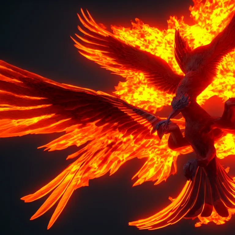 Image similar to phoenix with with flamimg wings, 3 d render, 3 d rendered, hdr, unreal engine 5, ray tracing, dynamic lighting, flame colors, black gradient background, high detail,