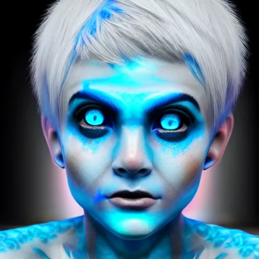 Prompt: crazy girl with large dazzling blue cybernetic eyes, character portrait, short white hair, pixie nose, mythic glowing blue tattoos, creepy, photorealistic, cinematic composition, hyper real, upscaled, ultra detailed