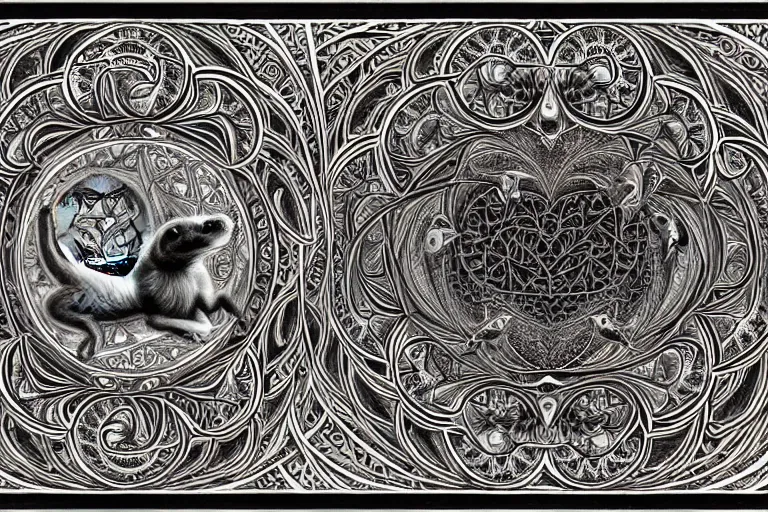 Image similar to an ornate illustration in the styles of mandalas and fractals, the styles of escher and penrose, depicting a weasel staring deep into the heart of the impossible all - and - nothing of the emerging technological singularity ; / what has god wrought? / he seems to be whispering.