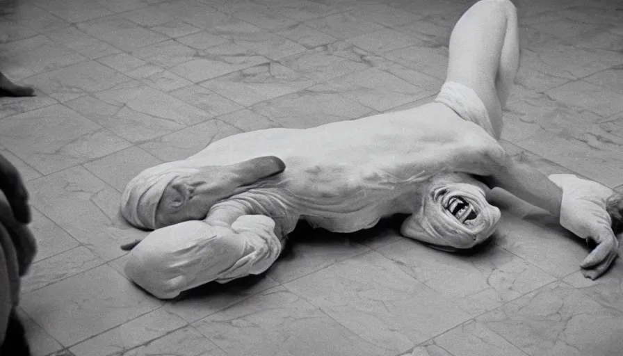 Prompt: 1 9 6 0 s movie still close - up of chrysippus laughing hysterically, charcot hysteria on the floor in a neoclassical room with marble tiles, cinestill 8 0 0 t 3 5 mm b & w, high quality, heavy grain, high detail, texture, dramatic light, anamorphic, hyperrealistic