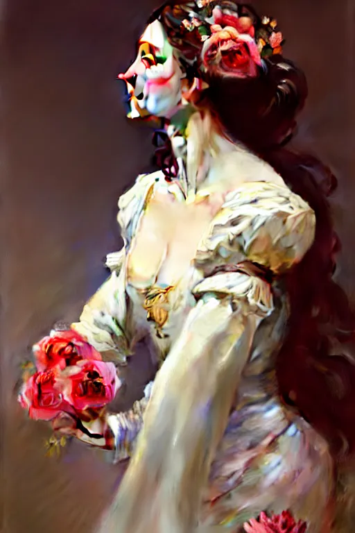 Image similar to a beautiful elegant and grace female sorrounded by roses wearing a renaissance noble costume, octane render, vivid colors, artstation, by jeremy mann, by alphonse mucha, by boris vallejo. delicate features. bright white. ultra realistic. ultra clear detailed