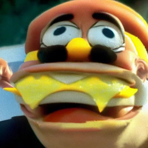 Prompt: laughing cheeseburger reaction image, movie still