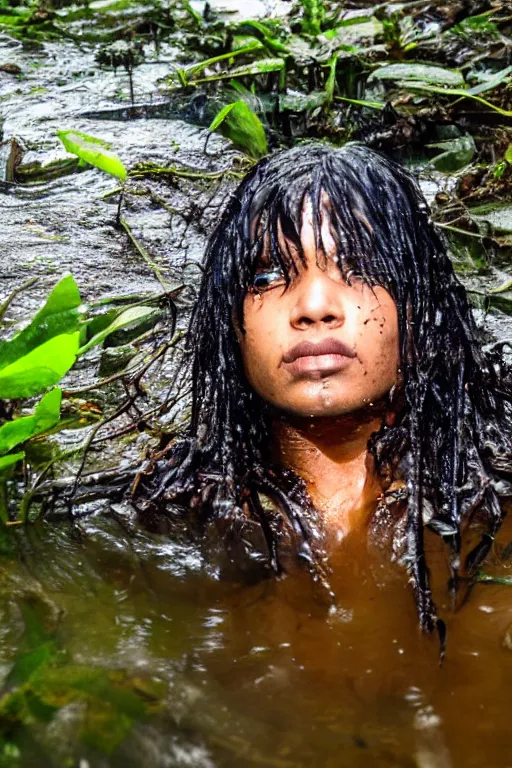 Image similar to predator in sri lankan jungle, submerged in water, black hair, hunter, extremely high fidelity, natural lighting