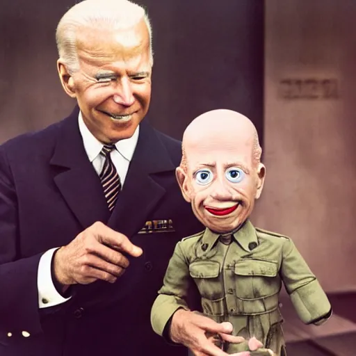 Image similar to UHD candid color photo of (Klaus Schwab in Nazi uniform) holding a (Joe Biden ventriloquist dummy), accurate faces, UHD, photorealistic, correct face, photo by Annie Leibowitz