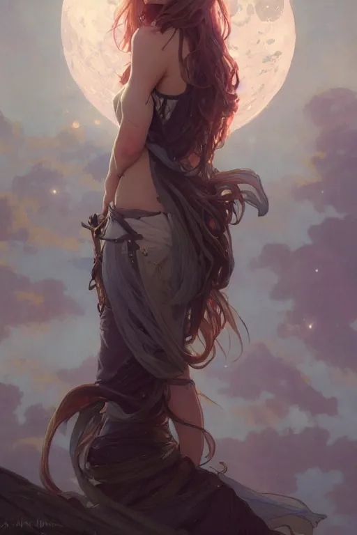 Prompt: fantasy, beautiful leg, long hair, girl, portrait, back view, cloud sky and moon night background, high detail, concept art, digital art, illustration, smooth, sharp focus, greg rutkowski, alphonse mucha, loish, wlop, trending on artstation, trending on deviantart