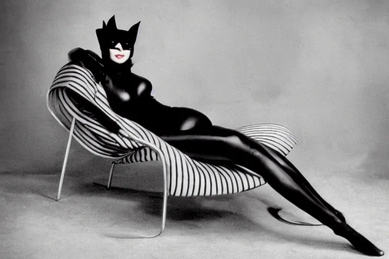 Prompt: publicity photograph of Catwoman on a lounge chair