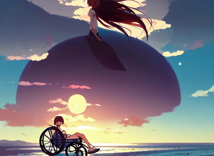 Image similar to panoramic of cute girl, sunset sky in background, beach landscape, illustration concept art anime key visual trending pixiv fanbox by wlop and greg rutkowski and makoto shinkai and studio ghibli and kyoto animation, futuristic aerodynamic wheelchair, symmetrical facial features, future clothing, backlit