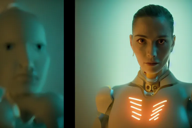 Image similar to VFX movie of a futuristic robot portrait in living room, beautiful natural skin neon lighting by Emmanuel Lubezki