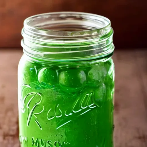 Prompt: a Mason jar full of green sweets