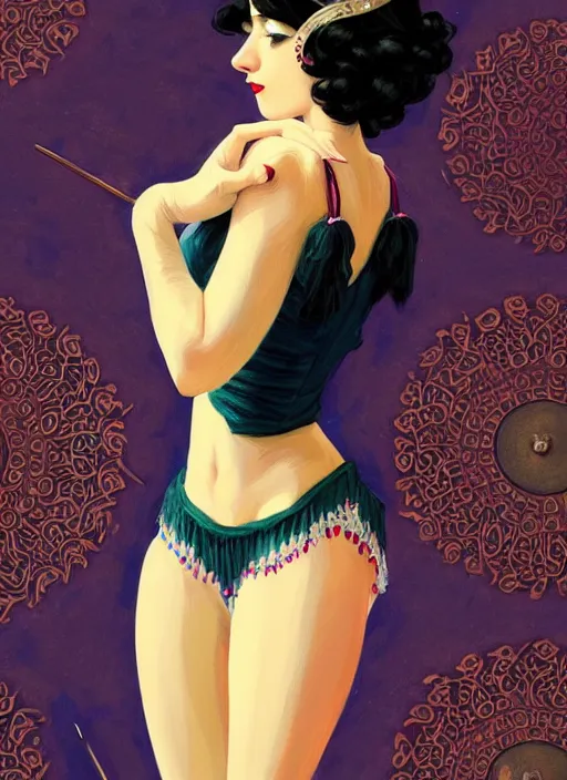 Image similar to a beautiful dancer with black hair in 1920's fashion, living room background, intricate, highly detailed, digital painting, artstation, official media, anime key visual, concept art, rich vivid colors, ambient lighting, sharp focus, illustration, art by Artgerm, Makoto Shinkai, Ilya Kuvshinov, Lois Van Baarle, and Rossdraws