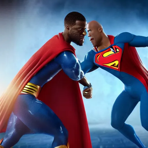 Image similar to kevin hart beating up the rock in a superman costume, octane render, hyperdetailed