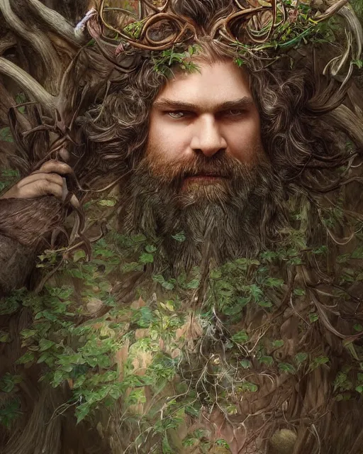 Image similar to patrick rothfuss as a forest druid with antlers and leaves in his beard, dreamy and ethereal, fantasy, intricate, elegant, highly detailed, digital painting, artstation, concept art, smooth, sharp focus, illustration, art by artgerm and greg rutkowski and donato giancola