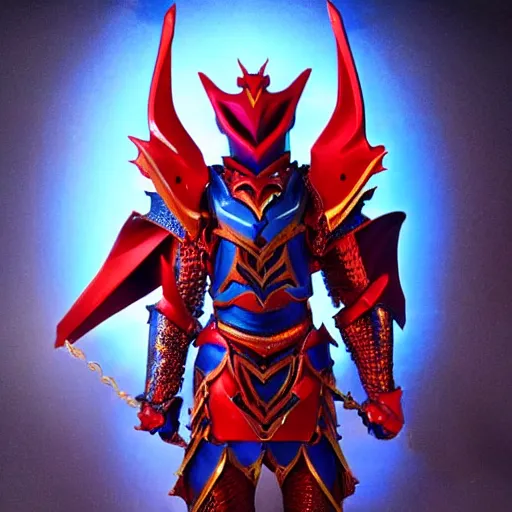 Prompt: High Fantasy Dragon Kamen Rider, blue armor with red secondary color, 4k, glowing eyes in helmet, daytime, chainmail, rubber suit,