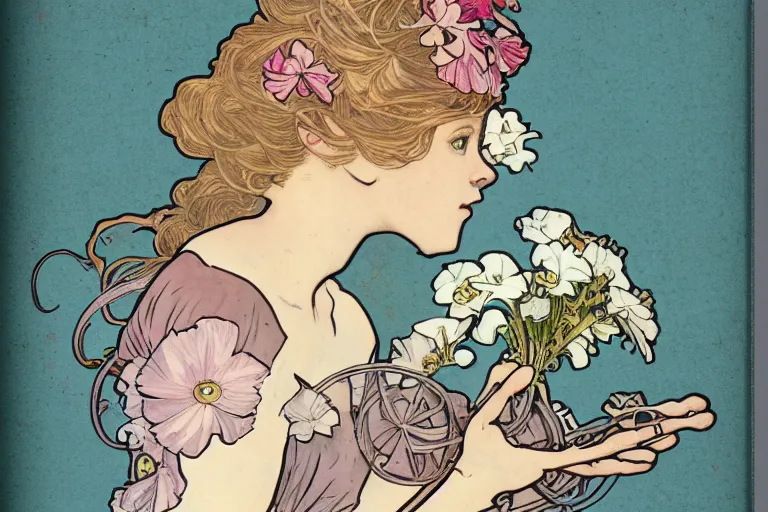 Prompt: a pretty girl with a robotic arm holding a flower, graphic novel, miniature faking, alphonse mucha, baby pink color, ceramic, dof